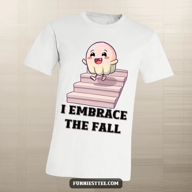 Funny t-shirt depicting a wobbly jelly character joyfully bouncing down a flight of stairs, embodying a fun and humorous spirit.