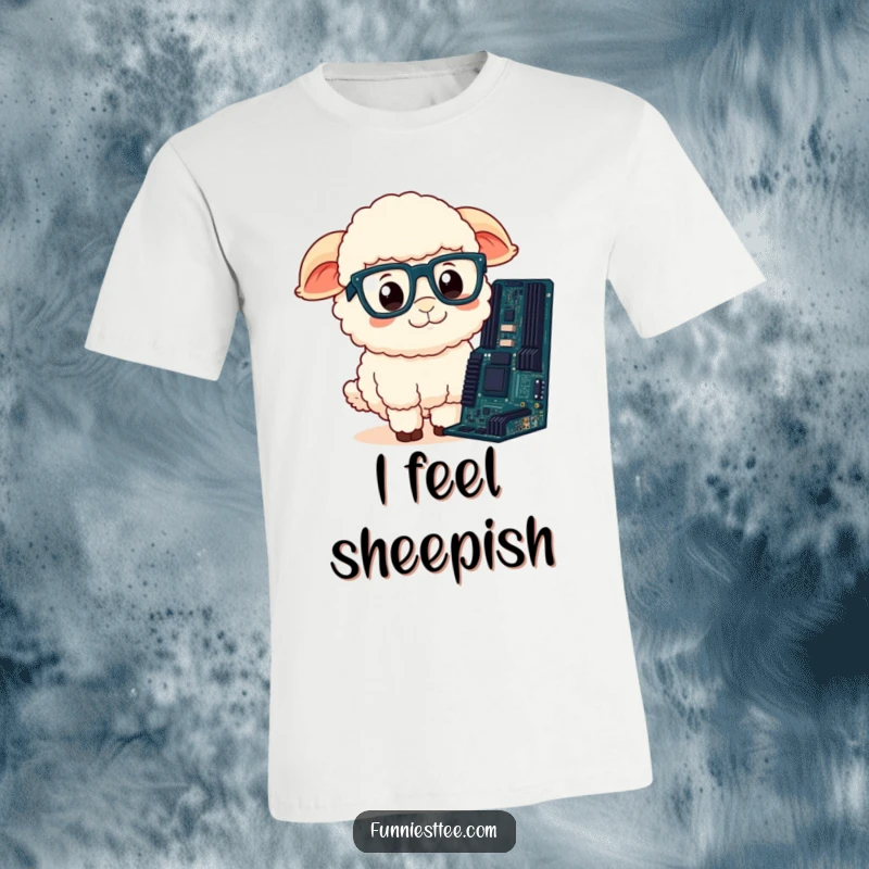 Funny Sheep Programmer T-Shirt: Fluffy sheep with big glasses looking confused at a motherboard, a humorous techie gift.