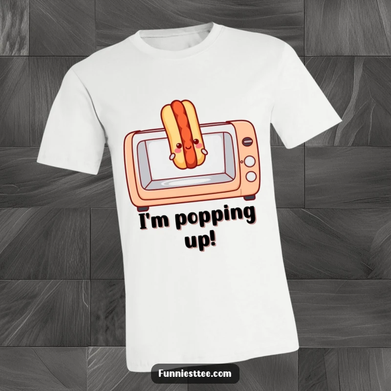 Funny hot dog t-shirt featuring a joyous hot dog emerging triumphantly from a toaster oven, celebrating a hilarious and tasty moment.