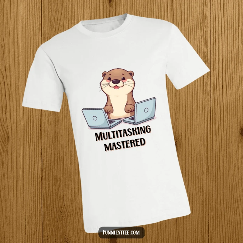 Funny smiling otter typing with two paws on multiple laptops simultaneously, busy animal humor on a t-shirt.