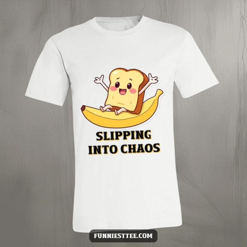 Funny t-shirt featuring a slice of toast with outstretched arms flailing as it slides down a bright yellow banana peel.