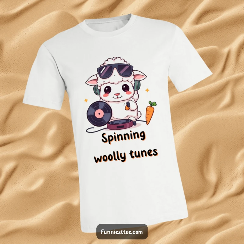 Funny t-shirt depicting a fluffy sheep in sunglasses attempting to DJ with a record and a carrot, showcasing a hip and humorous music-loving farm animal.