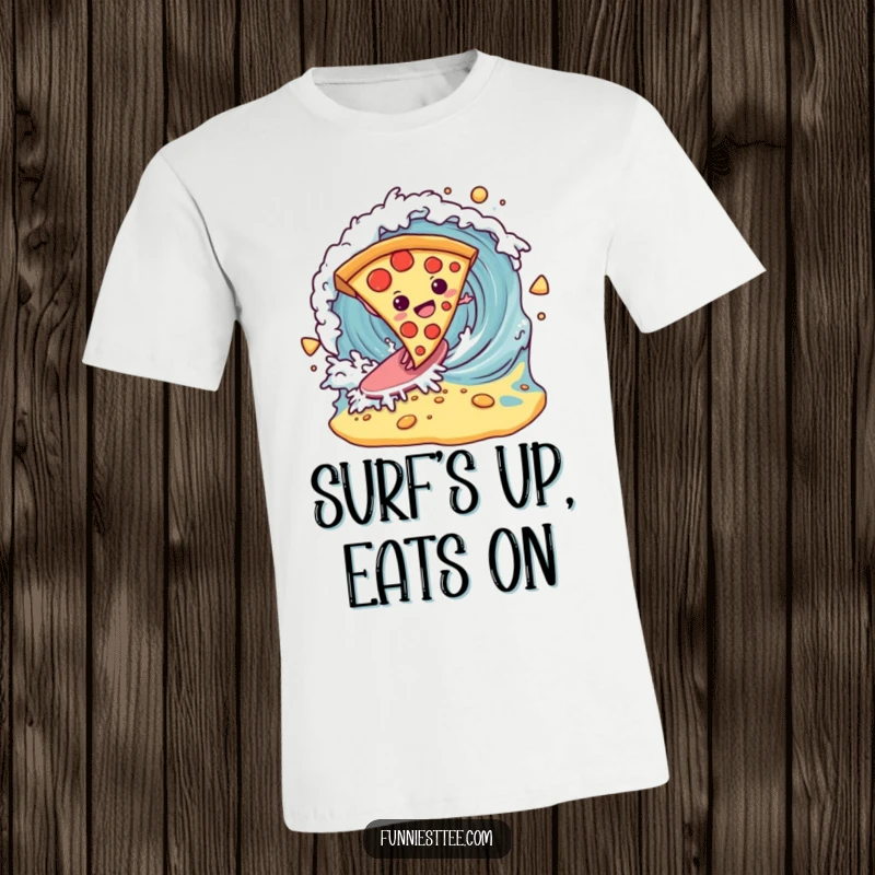 Funny determined pizza slice surfing a breaking wave made of cheese on a t-shirt, a comical and appetizing design.