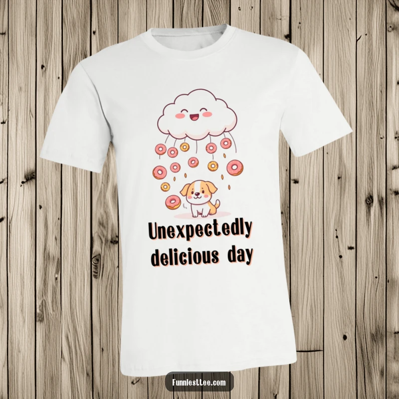 Funny t-shirt with a happy cloud raining donuts onto a bewildered dog, capturing a moment of sweet, unexpected canine surprise and delight.
