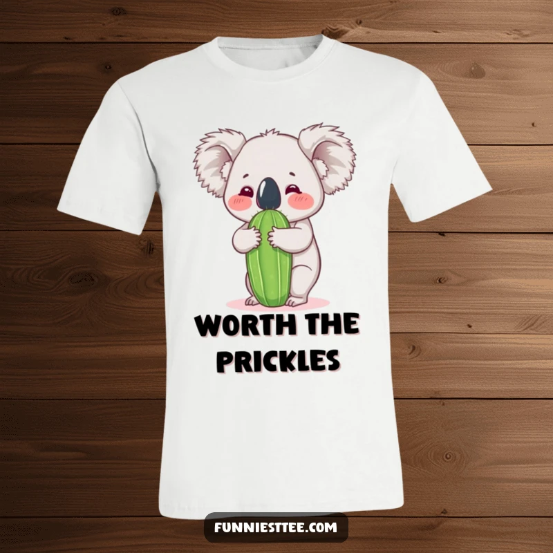 Funny koala t-shirt showing a cute koala giving a cactus a massive, overenthusiastic hug, embodying hilarious and heartwarming awkwardness.