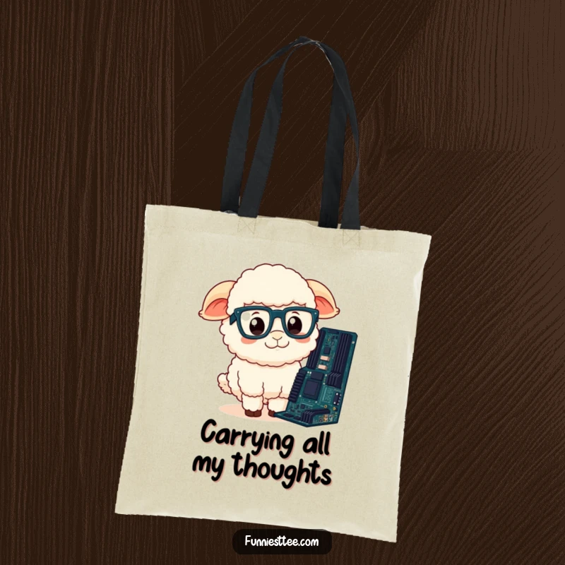 Funny Sheep Tote Bag: Fluffy sheep with glasses looking confused at a computer motherboard, a humorous everyday carry gift.
