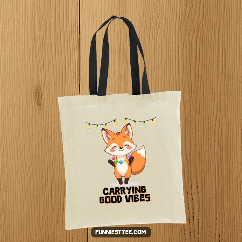 Funny tote bag depicting a giggling fox in a garland dancing under string lights, perfect for carrying essentials with a festive flair.