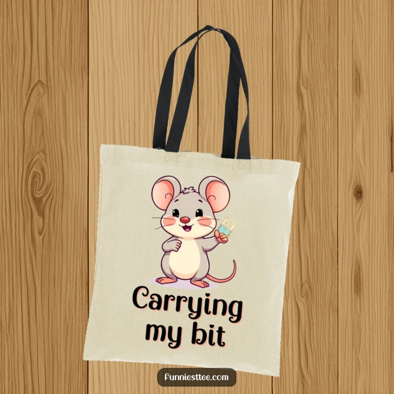 Funny cheerful mouse holding a glowing USB drive, pointing encouragingly at a screen, on a durable tote bag.
