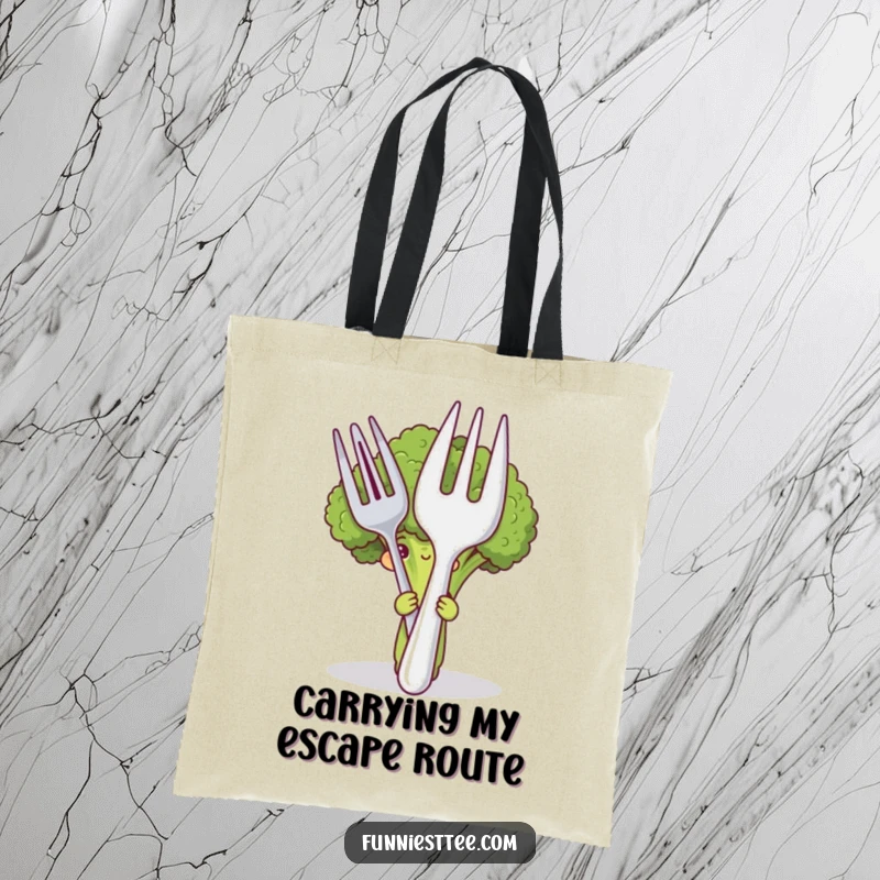 Funny tote bag with a shy broccoli character hiding behind large fork and spoon, illustrating a cute and humorous way to carry items.