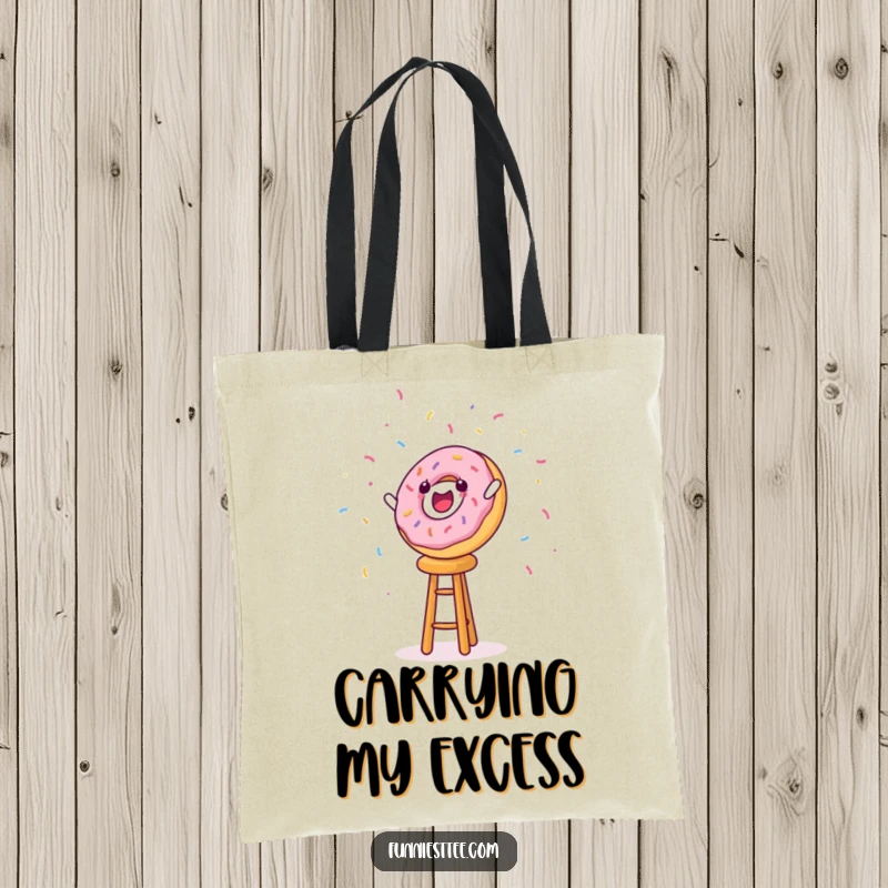 Durable funny tote bag with a donut character falling off a stool with sprinkles flying, perfect for shopping.