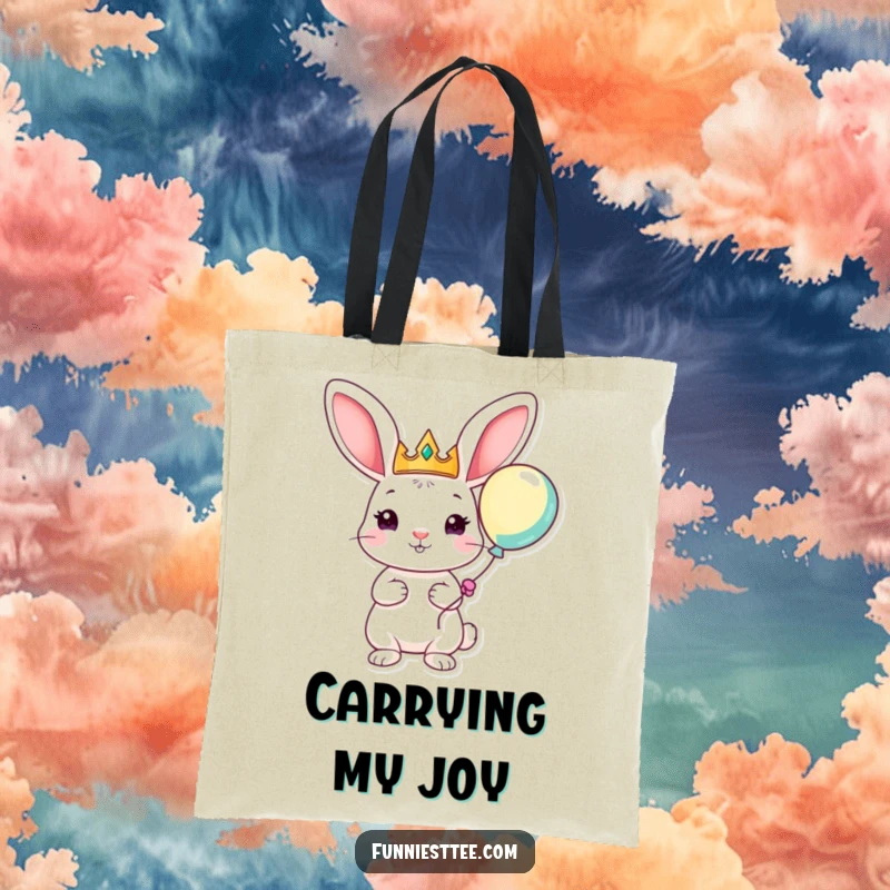 Funny tote bag depicting a playful rabbit with oversized ears, wearing a crown and holding a balloon, perfect for carrying essentials with royal flair.