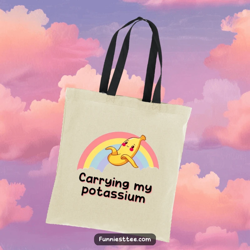 Funny Banana Rainbow Tote Bag showcasing a cheerful banana peel sliding gleefully down a rainbow, ideal for carrying daily items.