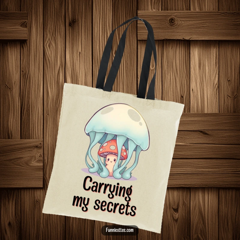 Funny shy mushroom peeking from behind a giant, wobbly jelly on a tote bag, a sweet and humorous accessory for daily use.