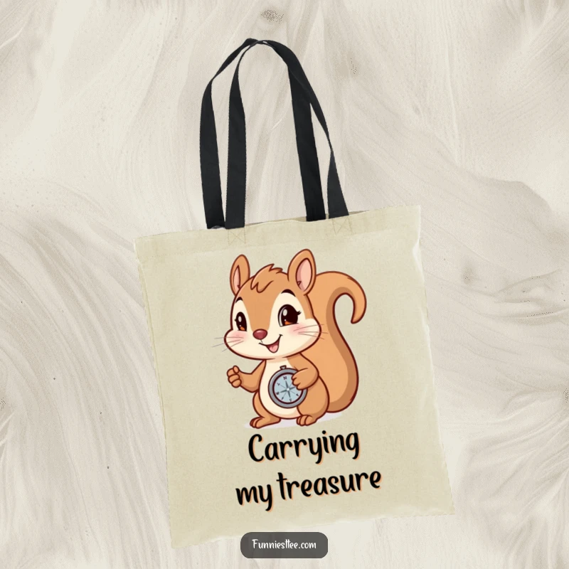 Funny Tote Bag: Smiling squirrel holding a compass, determined to find a hidden nut, a humorous and practical accessory.