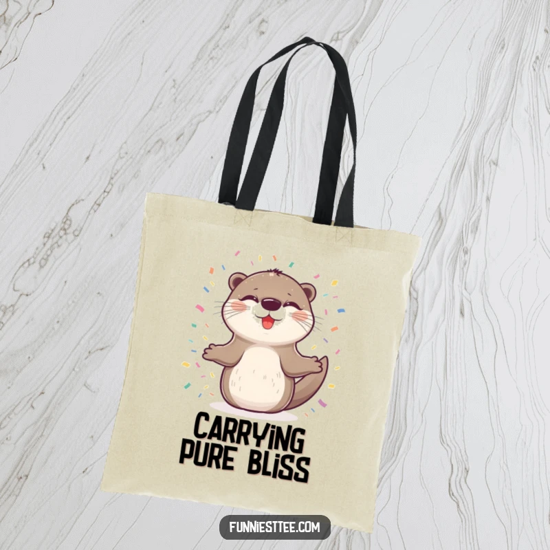 Funny tote bag depicting a delighted otter spinning happily in confetti, perfect for carrying essentials with a burst of pure joy.