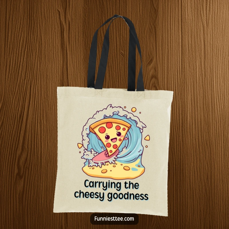 Funny determined pizza slice surfing a breaking wave of cheese on a tote bag, a humorous and practical accessory.