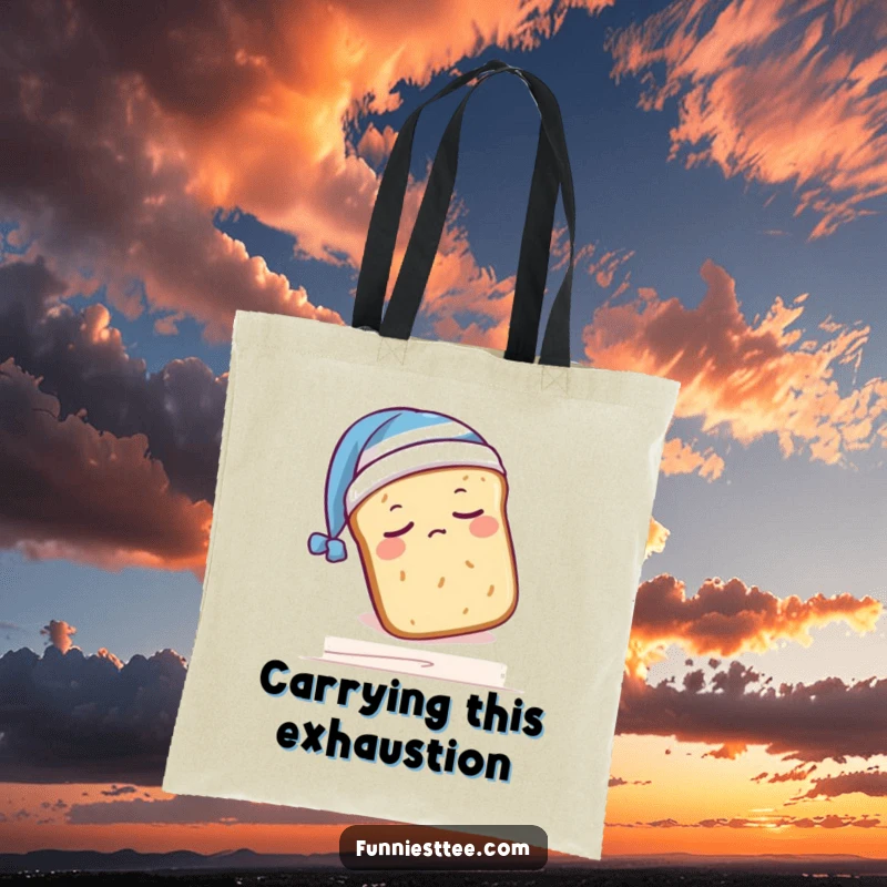 Funny tote bag featuring a sleepy bread loaf wearing a nightcap, comically falling off a shelf, a charming and humorous accessory.