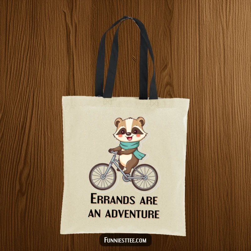 Funny badger tote bag showing a cheerful badger on a bicycle with comically large, wobbly wheels, perfect for errands.
