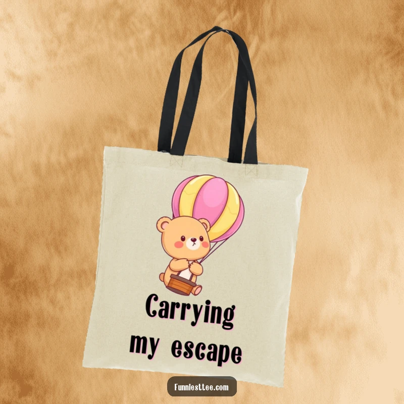 Funny Bear Cub Balloon Tote Bag: Durable tote featuring a cute bear cub floating upwards, holding a brightly colored hot air balloon string, a funny accessory.