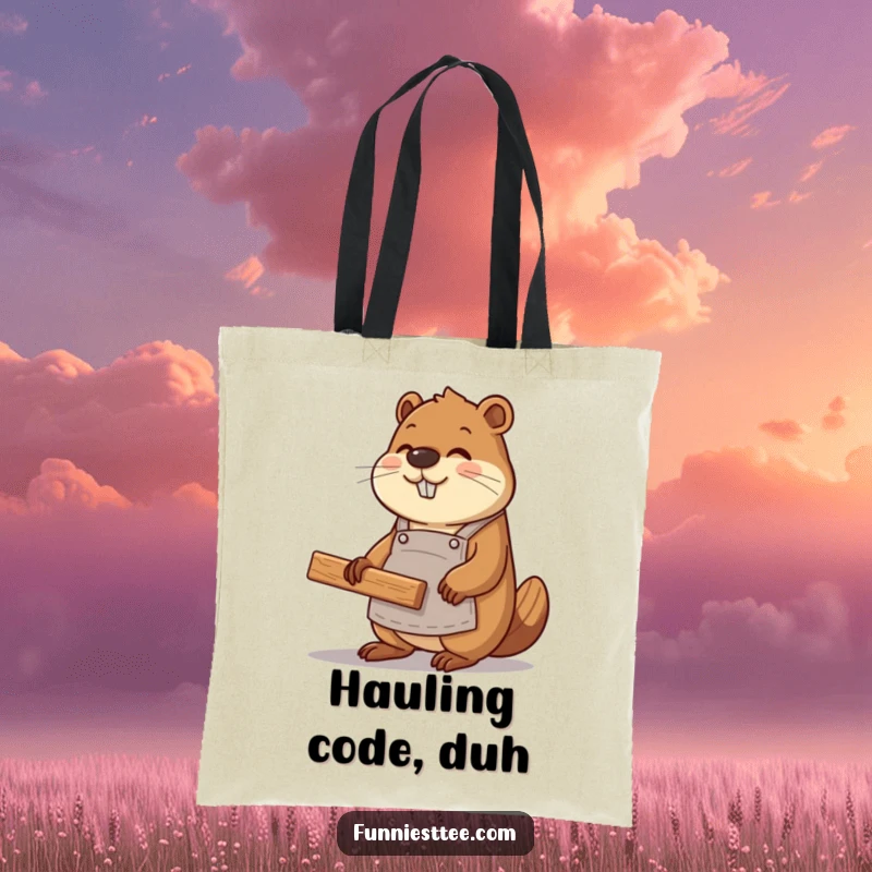Funny beaver coder wearing an apron, constructing a website with wood planks, on a durable and stylish tote bag.