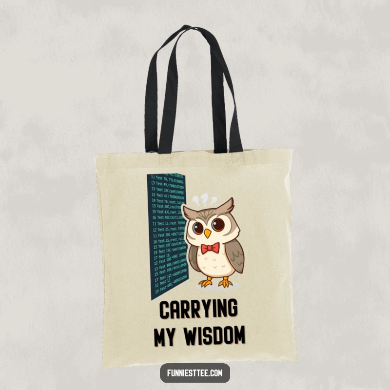 Funny curious owl wearing a bow tie peering at lines of code on a screen, coding humor on a durable tote bag.