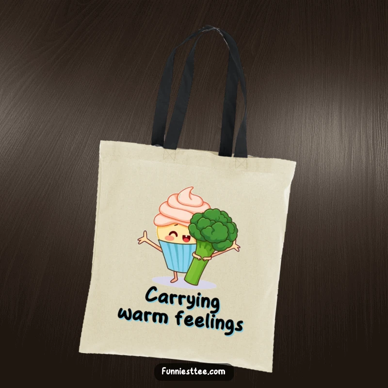 Funny tote bag showcasing a happy cupcake with frosting arms outstretched, attempting to hug a grumpy broccoli, a delightful accessory.