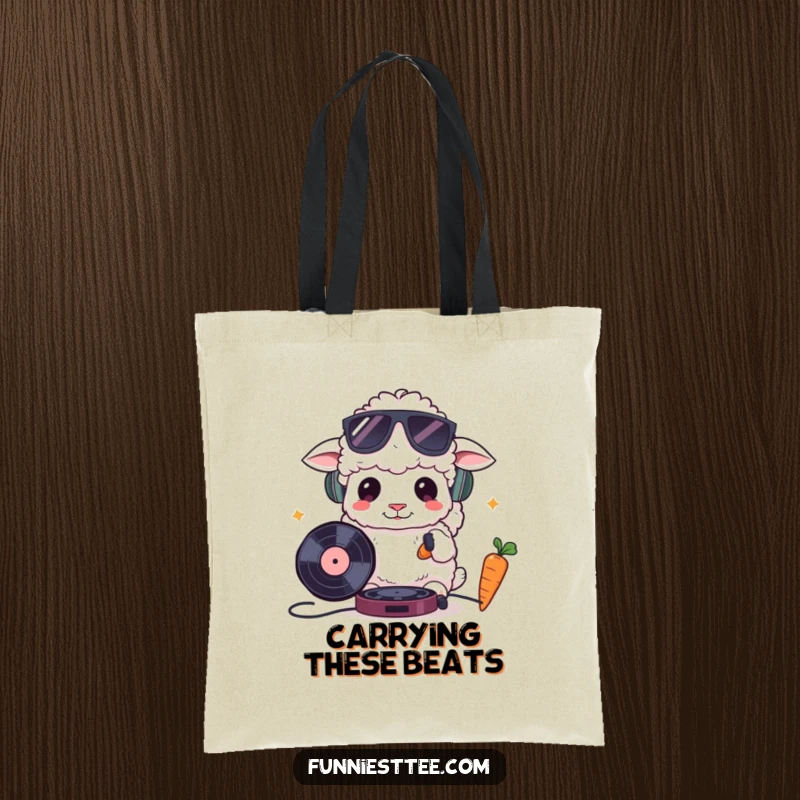 Funny tote bag illustrating a fluffy sheep in sunglasses DJing with a record and a carrot, combining utility with a hip and humorous farm animal theme.