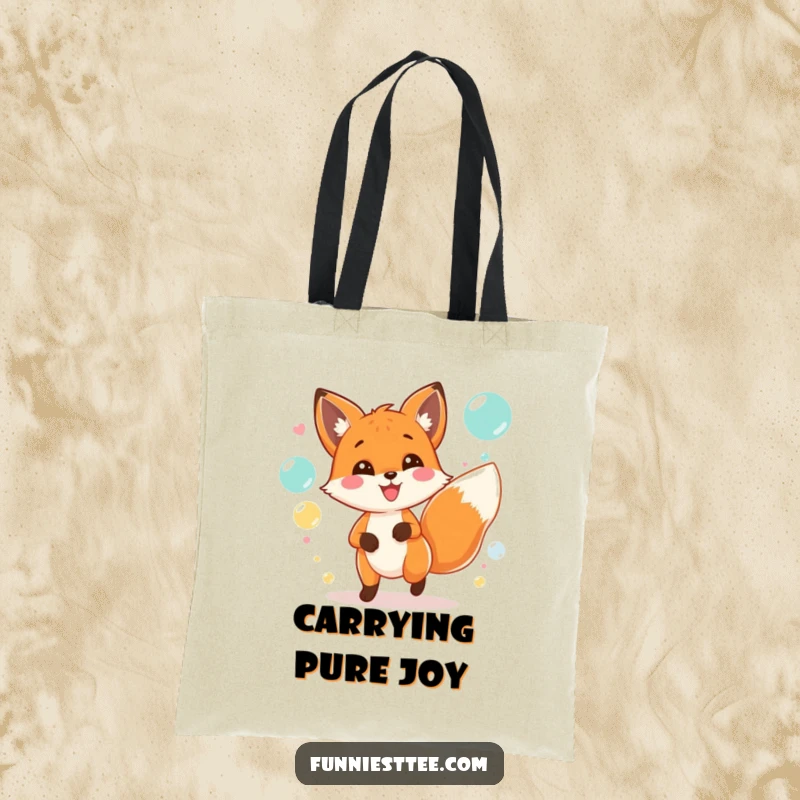 Funny tote bag showcasing a gleeful fox with a wagging tail, chasing floating bubbles at a vibrant party.