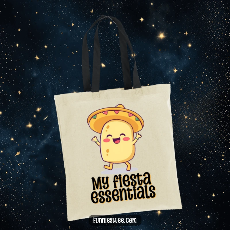 Funny tote bag showcasing a giggling taco in a sombrero, joyfully tapping its feet, ideal for carrying items.