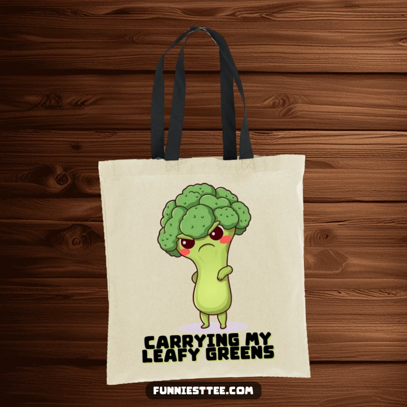 Funny grumpy broccoli tote bag featuring a cute floret attempting a handstand, a humorous and practical accessory for gym essentials.