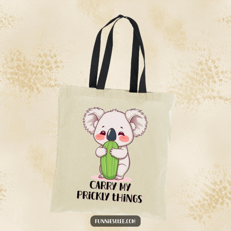 Funny koala tote bag illustrating a determined koala hugging a prickly cactus, designed for humorous and practical everyday use.