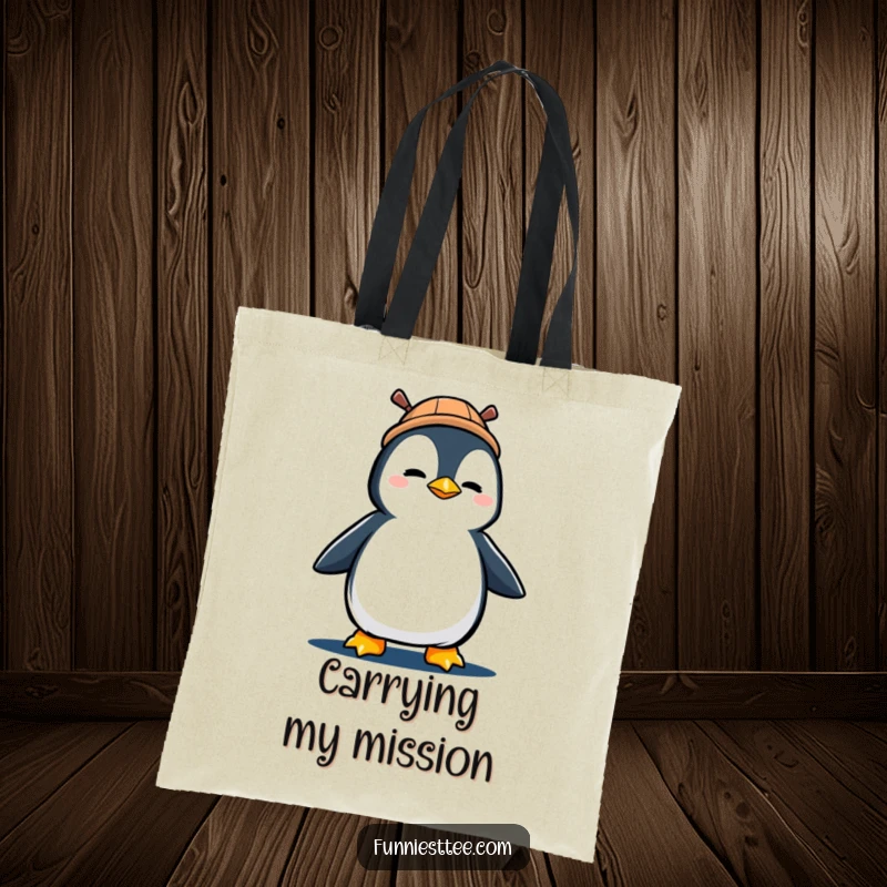 Funny tote bag illustrating a determined penguin wearing a propeller hat and marching with purpose.