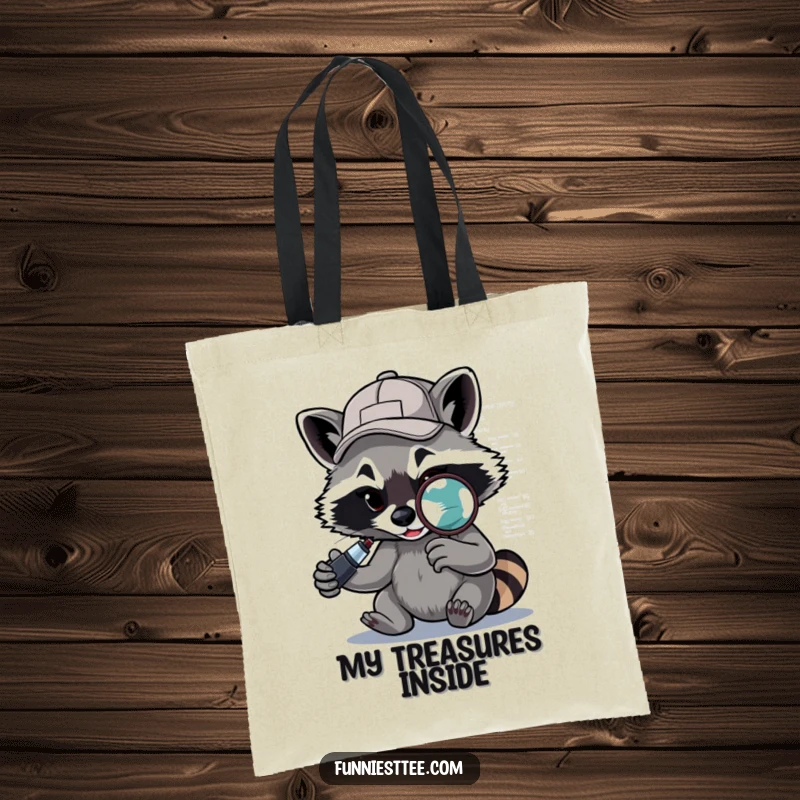 Funny Raccoon Tote Bag: A determined raccoon with a backward cap uses a magnifying glass to debug code, a humorous carry-all.