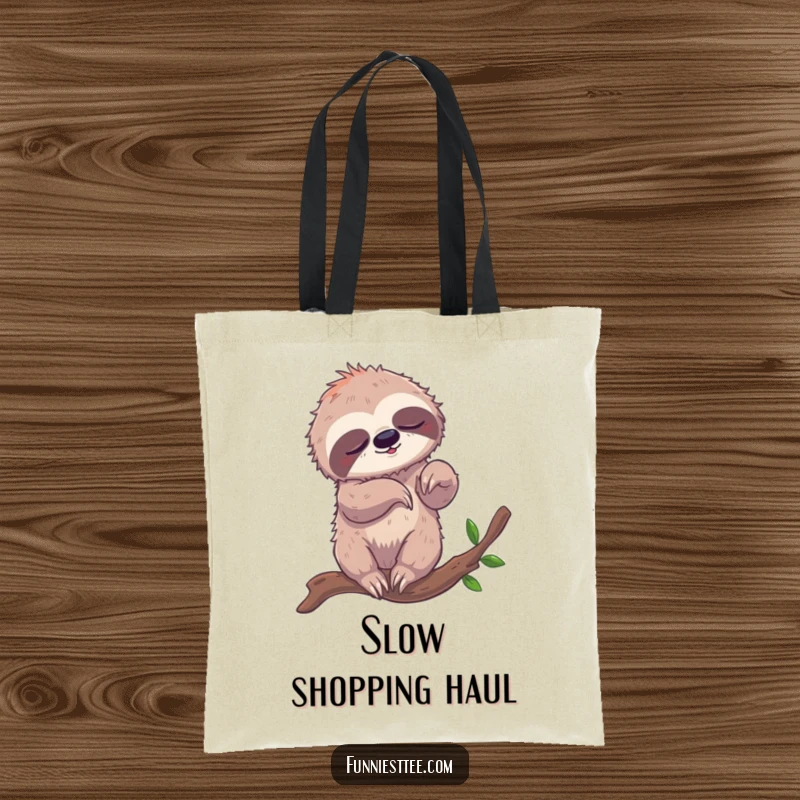 Funny tote bag depicting a sleepy sloth comically tangled in its limbs while attempting to breakdance on a tree branch, a slow-motion dance marvel.