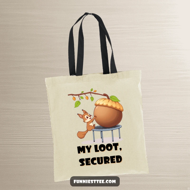 Funny tote bag featuring a sneaky squirrel launching from a trampoline to grab a huge acorn, embodying clever theft and humor.
