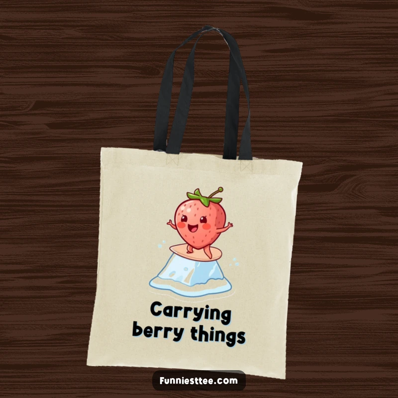 Funny Strawberry Surf Tote Bag: A cheerful strawberry surfs on a melting ice cube, a spacious and funny bag.