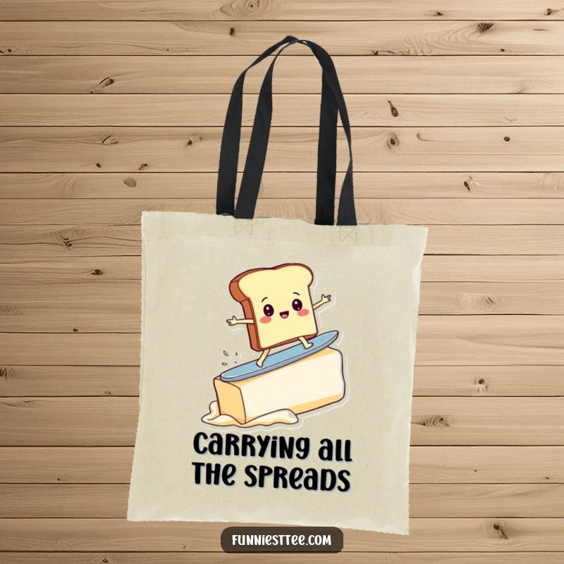 Funny tote bag with a determined toast character riding a giant butter pat as a surfboard, showcasing a humorous breakfast-themed escapade.