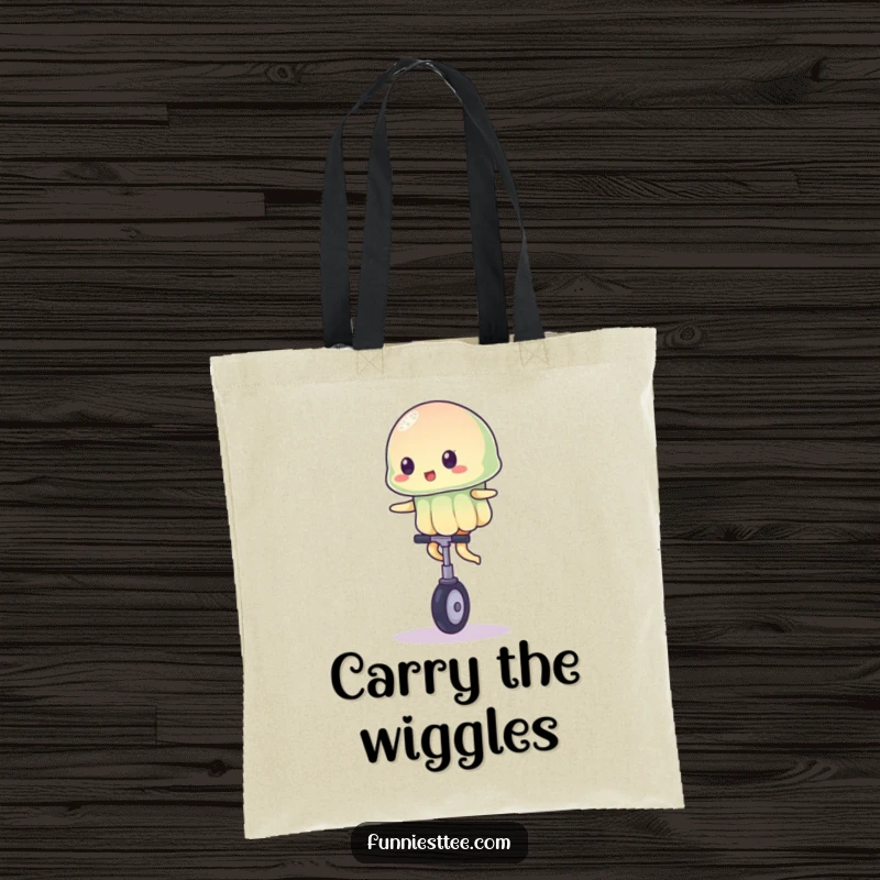 Funny tote bag with a wobbly jelly character balancing on a small unicycle, ideal for carrying treasures with a side of laughter.