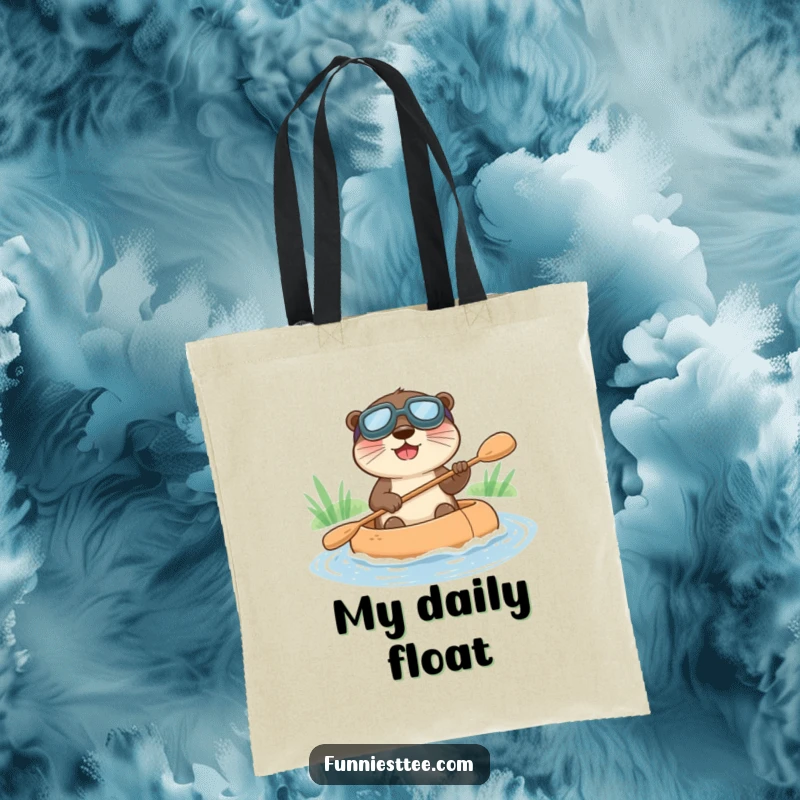 Funny tote bag with a happy otter in goggles, paddling a raft down a stream, perfect for carrying essentials.