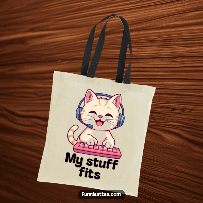 Funny Cat Tote Bag: A happy cat in a headset furiously types on a keyboard, a humorous and practical gift.