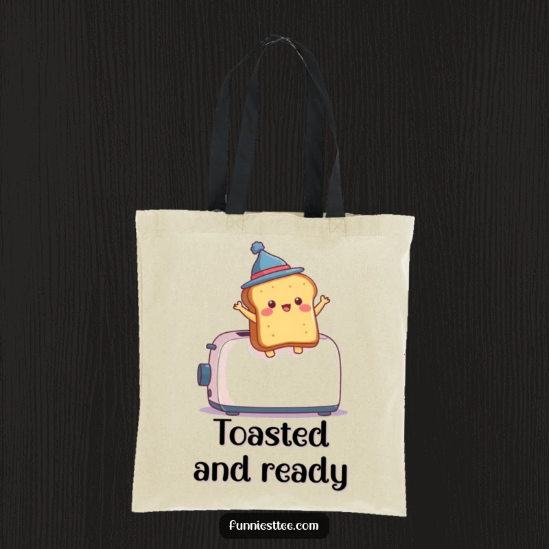 Funny Tote Bag print of a toasted bread slice wearing a tiny hat, dramatically jumping from an open toaster.